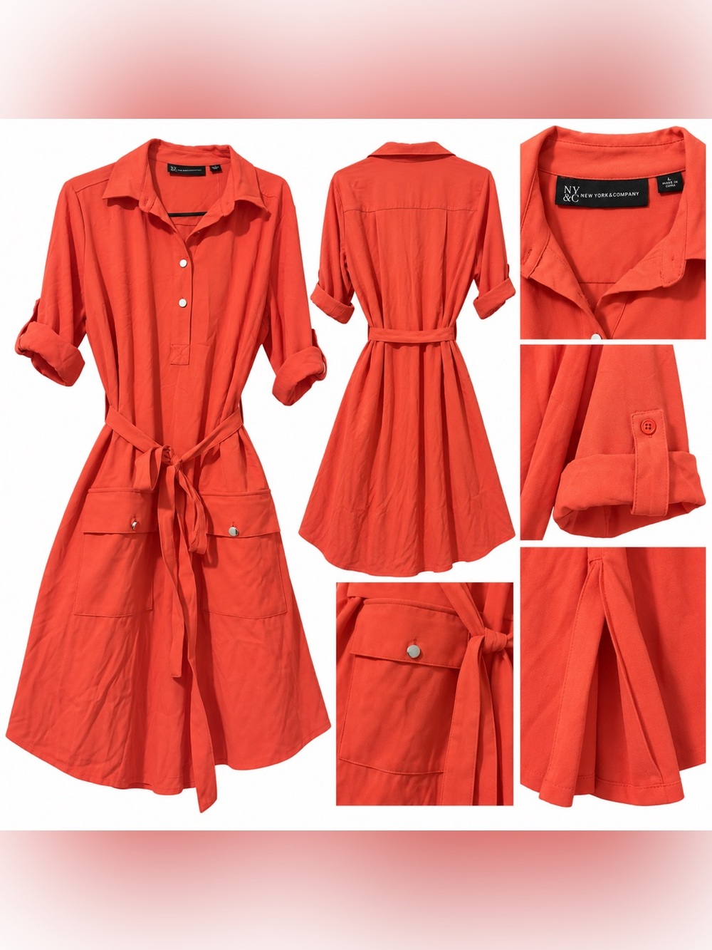 New York & Company Coral Button-Front Shirt Midi Dress with Tie Waist